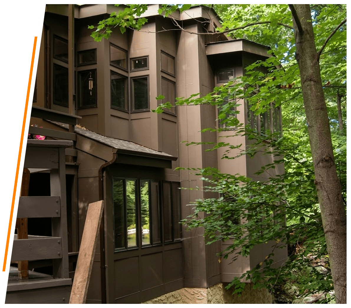 Modern house surrounded by lush trees