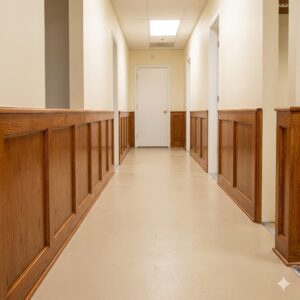 Wood-paneled hallway with closed doors